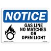 Signmission OSHA Sign, 10" H, 14" W, Aluminum, Gas Line No Matches Or Open Lights Sign With Symbol, Landscape OS-NS-A-1014-L-13004
